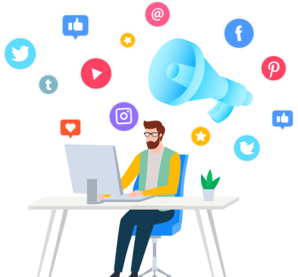 social-marketer-banner-hurn-and-social-icons-around-desk